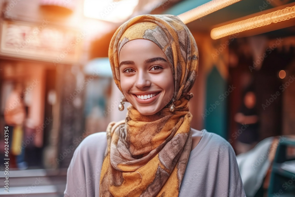 Close-up of  native young adult woman wearing a headscarf at home outdoor, smiling and contented