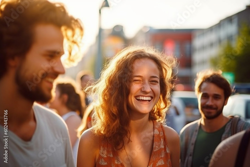 group of young adult people  woman and men in a city  leisure city life or city trip vacation travel  caucasian  smiling and having fun
