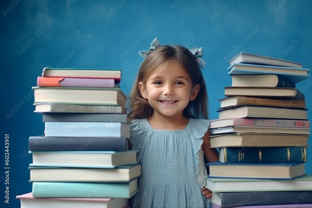 schoolchild elementary school, kid girl between piles of books, education and knowledge, good mood and smile on face schoolchild elementary school, kid girl between piles of books, education and knowledge, good mood and smile on face