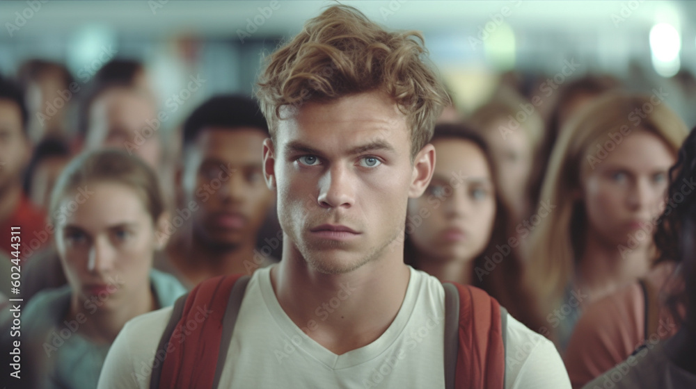 young adult man and many more girls and boys of the same age, women and men, skeptical face expression because of fictional problem or worries young adult man and many more girls and boys of the same age, women and men, skeptical face expression because of fictional problem or worries