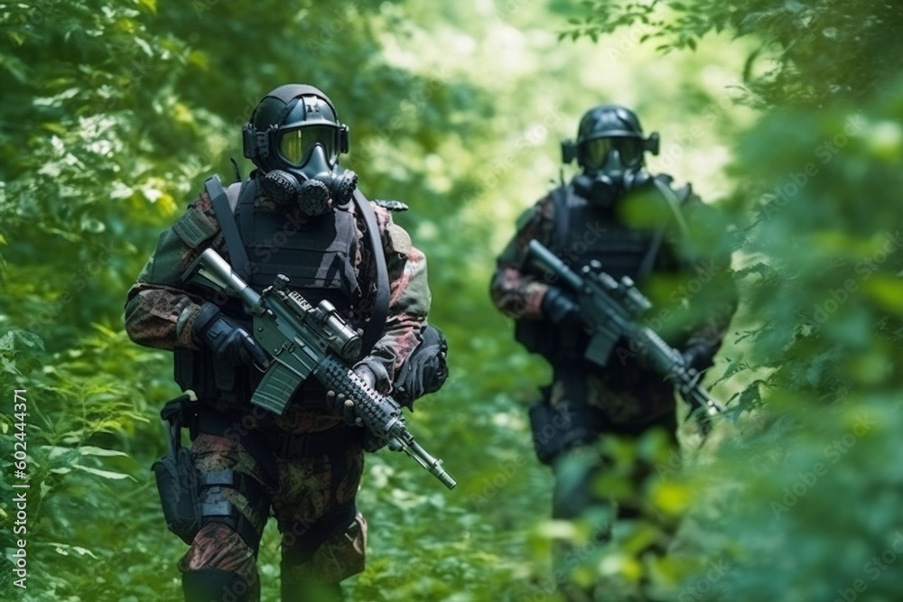 Soldiers, troop during a mission wearing NBC protective suit epidemic protection suit