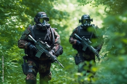 Soldiers, troop during a mission wearing NBC protective suit epidemic protection suit