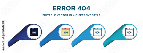 error 404 icon in 4 different styles such as filled, color, glyph, colorful, lineal color. set of vector for web, mobile, ui