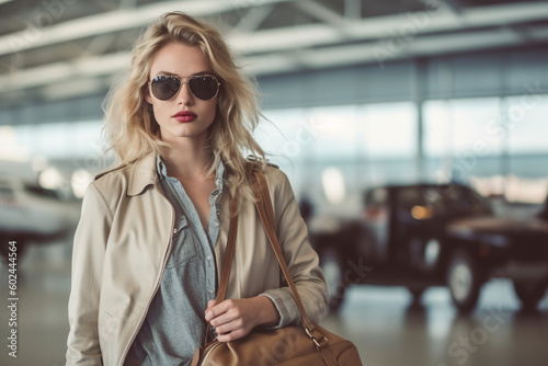 young adult woman alone at private airport on way to check-in or security check-in or boarding with handbag or hand luggage