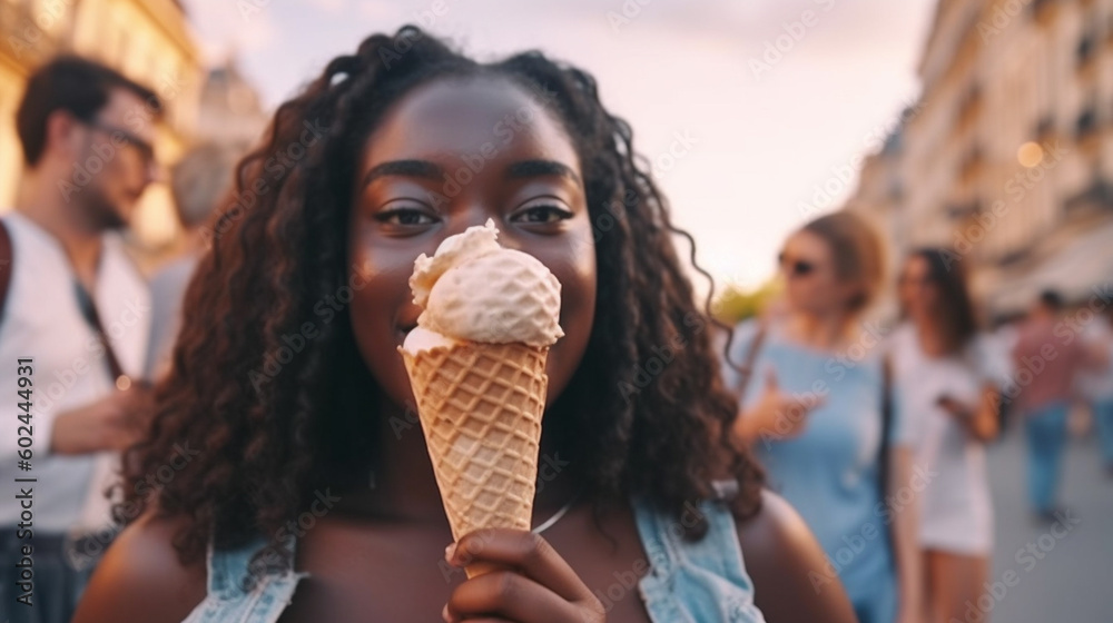 young adult woman holding an ice cream cone with ice cream in her hands, outdoors in summer in leisure time