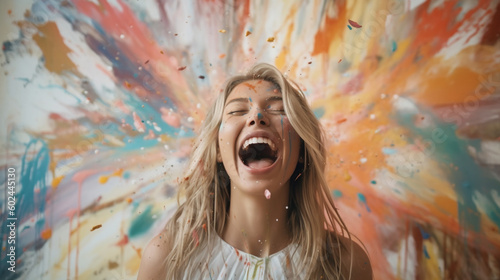 Having fun and being happy, a young woman is overjoyed and exploding in colors, colorful happiness and joy. Generative AI