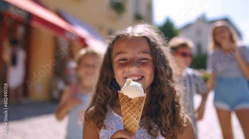 young toddler  girl holding an ice cream cone with ice cream in her hand  in the background adult woman  outdoors in summer at leisure