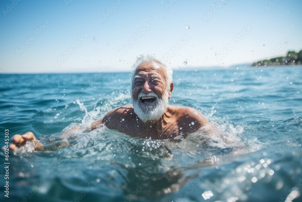 old man with gray hair, grandpa, swimming and splashing in the sea, water, joyful smiling face, happy and fun on vacation or emigrated to tropical climate. Generative AI