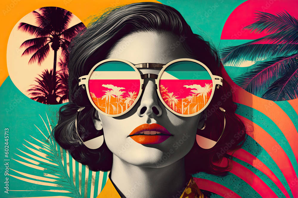 Naklejka premium Retro style pastel colors summer background. Fashion woman wearing big sunglasses. Generative AI