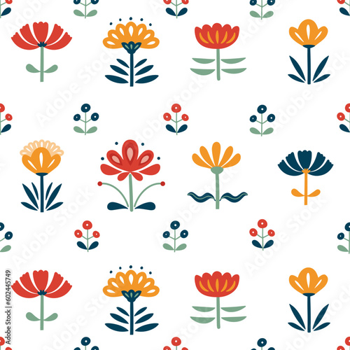 Seamless pattern of decorative folk flowers. Repeated floral background isolated on white. Vector