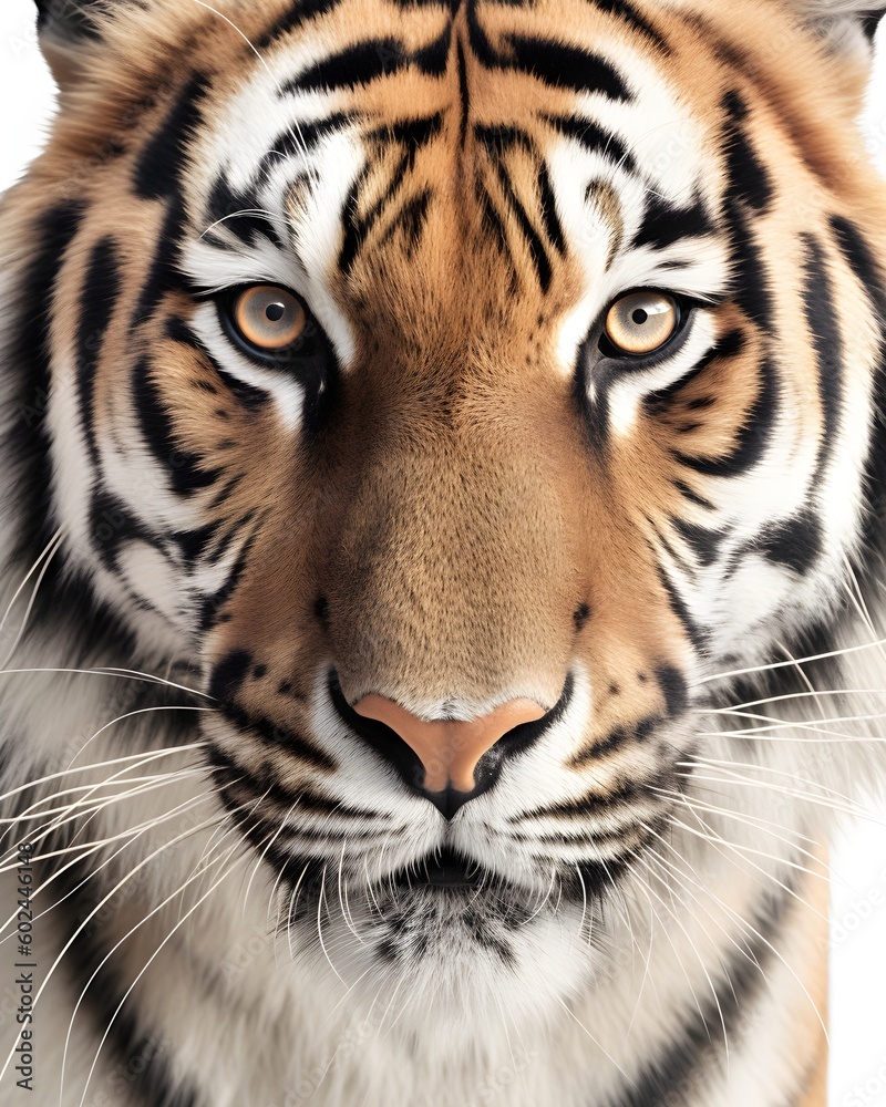 Majestic Siberian Tiger Close-up: Intense Gaze Isolated on a White Background, Asian Wildlife