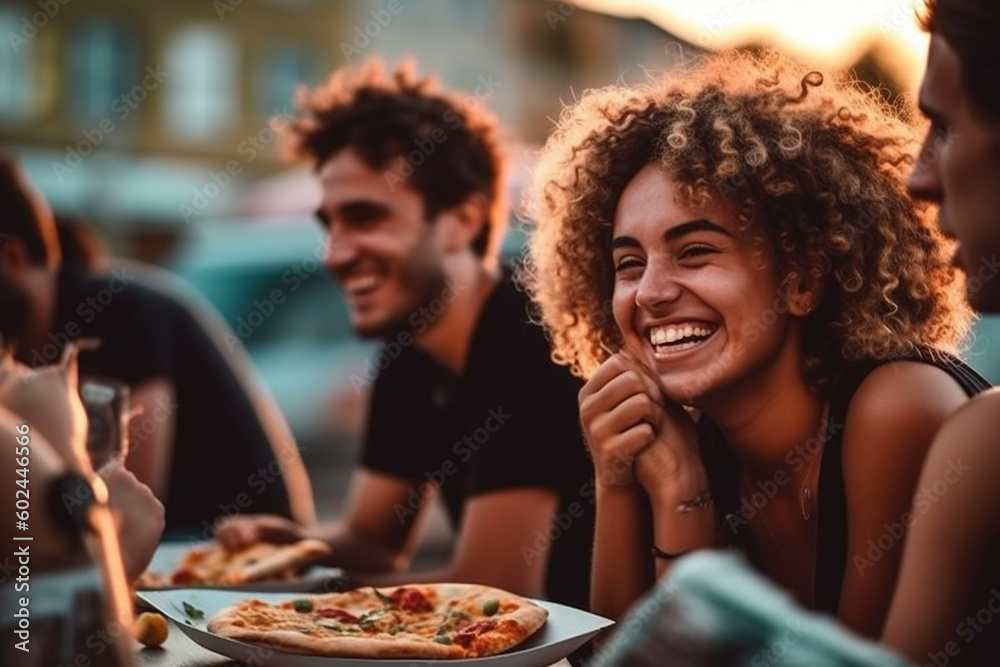 friends eating pizza together, Stock image