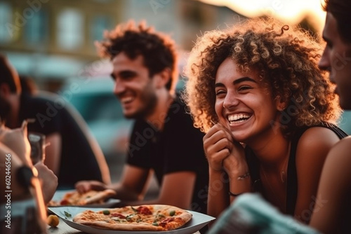 group of friends eating pizza together in restaurant, city life free time or travel and vacation, meeting friends and going out for dinner. Generative AI #602446566