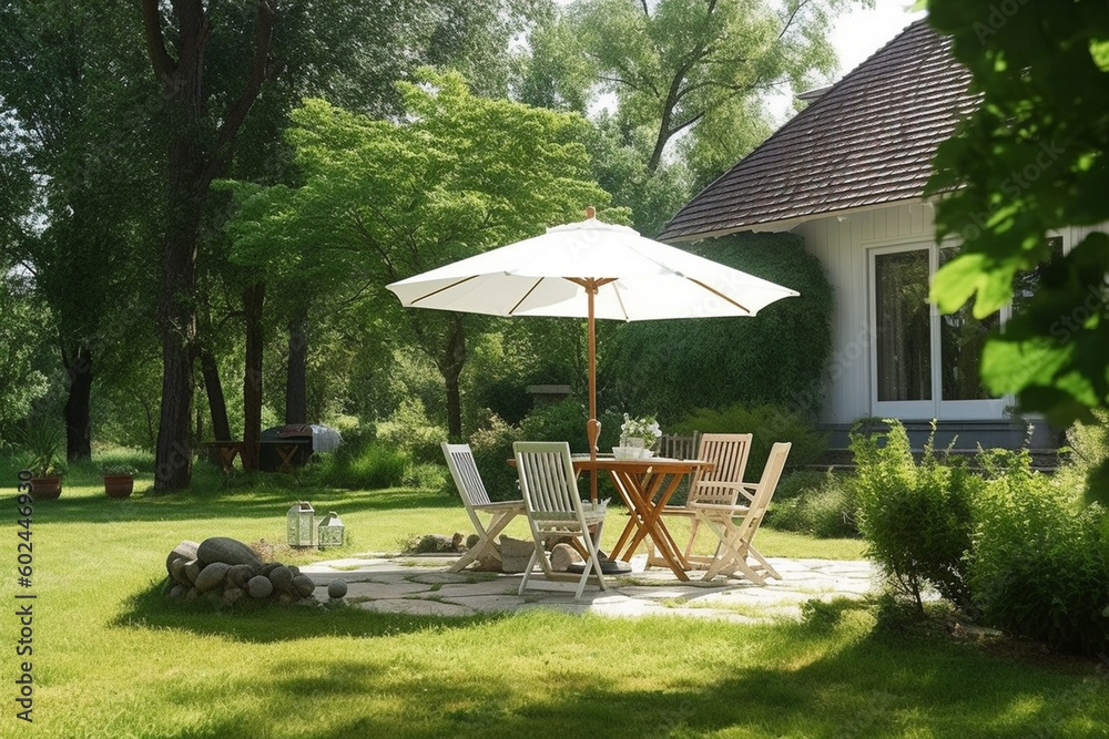 in the garden at the house a table and chairs with a parasol in summer or spring. Generative AI