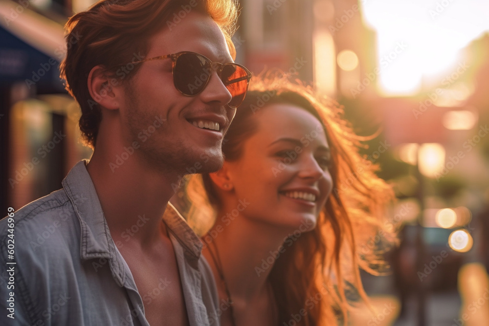 young adult man and woman, couple or friends outdoors walking around the city. Generative AI young adult man and woman, couple or friends outdoors walking around the city. Generative AI