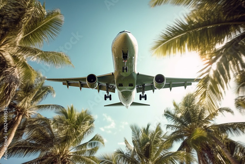 a plane flies over a tropic...