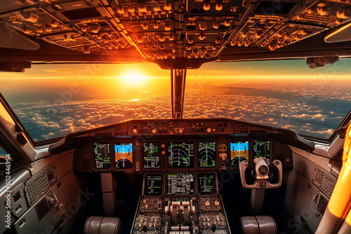 Print op canvas cockpit of a passenger plane airplane interior, pilot seat pilot windshield during flight in the sky above the clouds