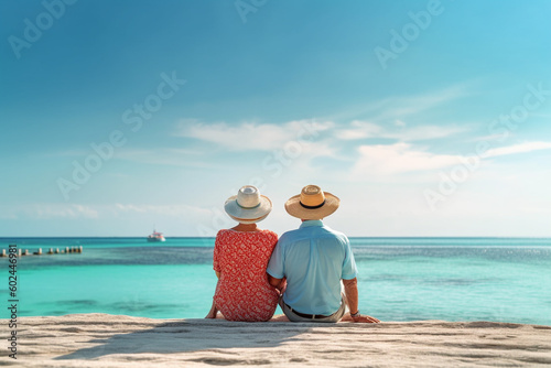 old man and old woman on vacation, back view, sitting on sun lounger chair right on the beach by the sea by the water, empty pristine white sandy beach with shallow water. Generative AI