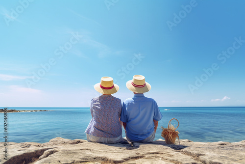 old man and old woman on vacation, back view, sitting on sun lounger chair right on the beach by the sea by the water, empty pristine white sandy beach with shallow water. Generative AI