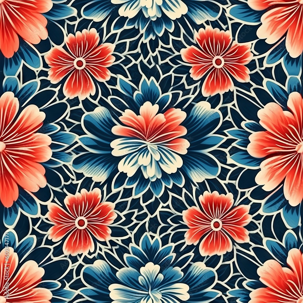 Naklejka premium Bold Blue and Red Flower Seamless Pattern with Rough Texture, Generative AI