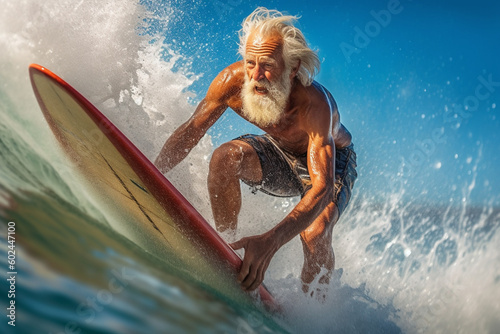 old man on surfboard, surfing waves, sporty retired retired old man, water sports, active lifestyle and body conscious fitness. Generative AI © wetzkaz