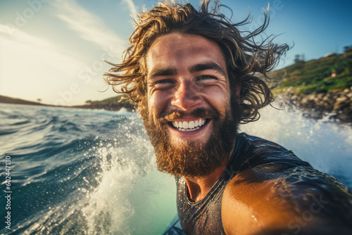 young adult man on surfboar...
