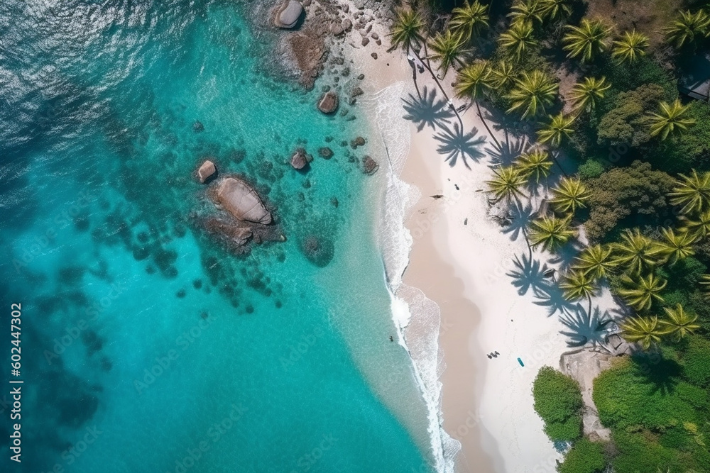 empty lonely stretch of beach, sandy beach with palm trees, aerial view. Generative AI