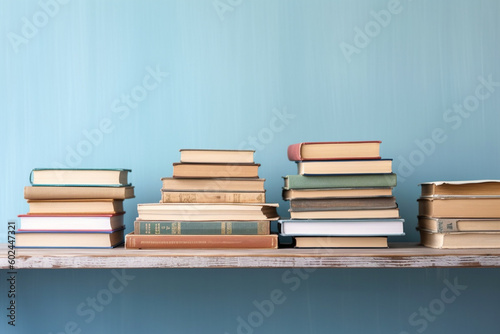 a stack of books on a shelf with a blue wall  school learn knowledge and education through book knowledge. Generative AI