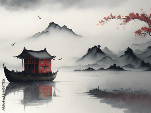 Muted Chinese Ink Painting Scroll: Ninh Binh Town, Boat, and Old Cottage in Morning Light