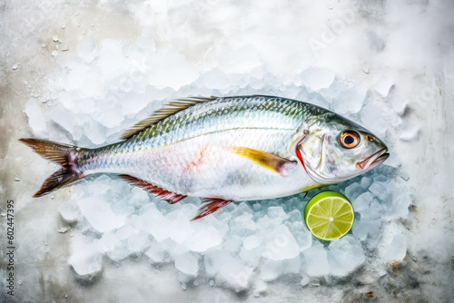 top down view of raw sea bream fish dorado on ice with lime, citrus. Fresh fish. generative AI.