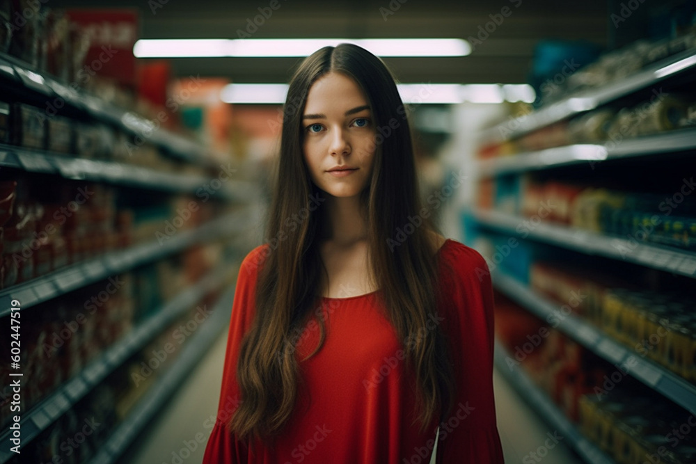 young adult woman, dark supermarket dramatic scene, beauty and darkness, woman mood and sadness, negative vibes. Generative AI