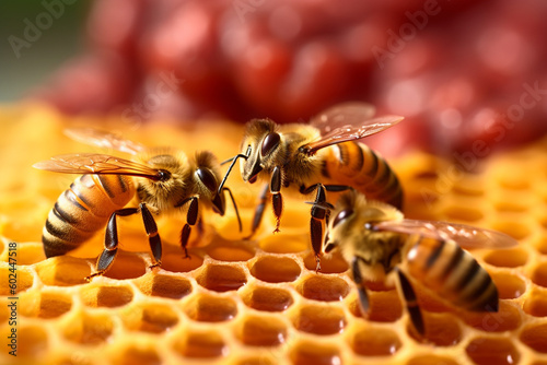 bees with honey and honeycomb. Generative AI © wetzkaz