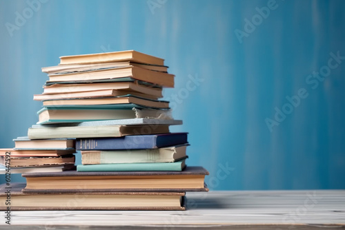 a stack of books on a shelf with a blue wall  school learn knowledge and education through book knowledge. Generative AI
