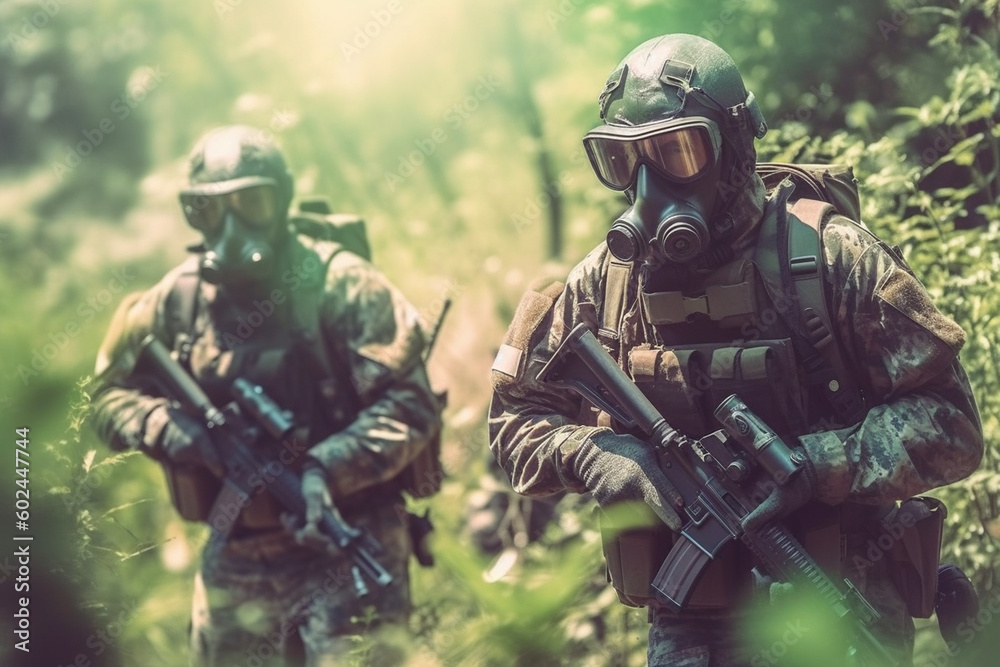 men are soldiers with combat gear and heavy weapons, machine gun, abc protective suit and gas mask, in the forest or jungle, combat use in uniform. Generative AI