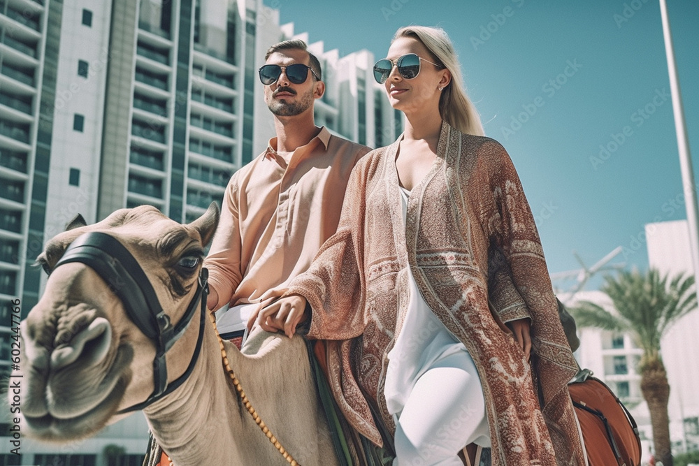 luxurious life or vacation, man and woman in a modern big city with high-rise buildings, city trip as a couple or partner. Generative AI