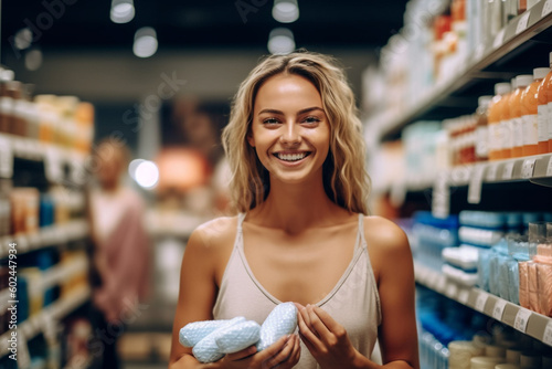 young adult woman shopping in supermarket, shelves with products. Generative AI
