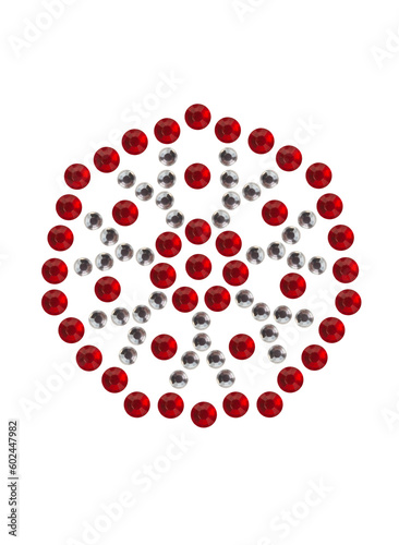 Isolated abstract pattern from red and silver rhinestone stickers. Decorative nail rhinestones.