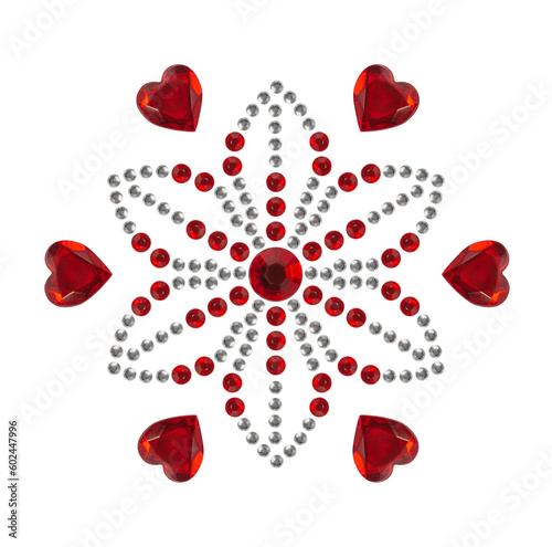 Romantic stickers for Valentine's Day: pattern of crystal hearts and rhinestones in flower shape. Greeting card. Love and romantic concept.