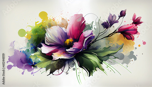 Fototapeta Naklejka Na Ścianę i Meble -  Flowers watercolor illustration isolated on white background, Spring Summer, digital painting Design for fabric, Generative AI