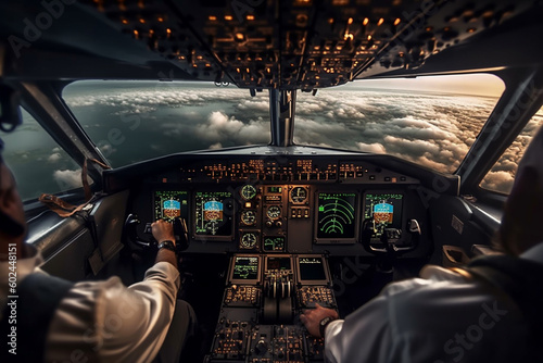 cockpit of a passenger plane airplane interior, pilot seat pilot windshield during flight in the sky above the clouds