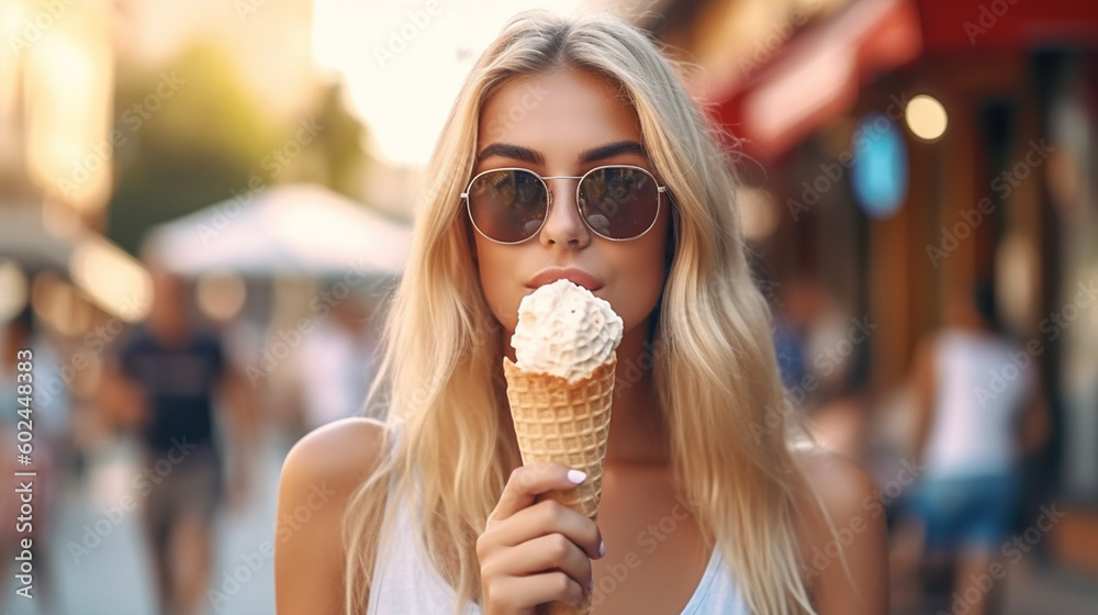 young adult woman with blond hair holding an ice cream cone with ice cream in her hands, outdoors in summer in leisure time