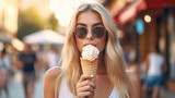 young adult woman with blond hair holding an ice cream cone with ice cream in her hands, outdoors in summer in leisure time