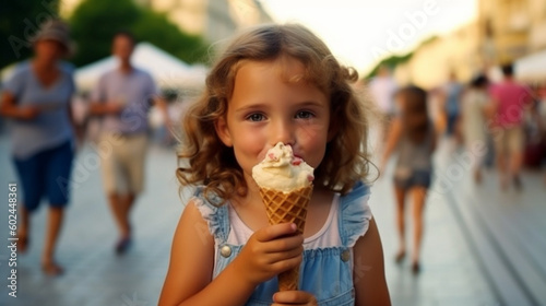 young toddler  girl holding an ice cream cone with ice cream in her hand  outdoors in summer at leisure