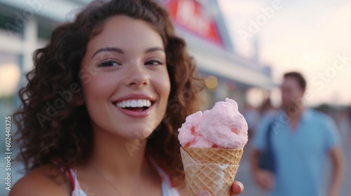 young adult woman holding an ice cream cone with ice cream in her hands  outdoors in summer in leisure time