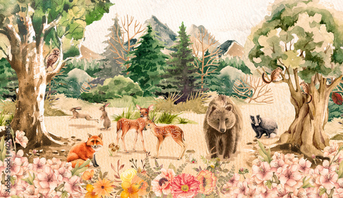 Watercolor illustration of forest animals, children's story scene: bear, deer, rabbit, flowers and trees