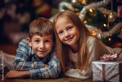 christmas in the living room  young toddlers  girl and boy are sitting next to each other on the floor in front of a christmas tree with christmas presents