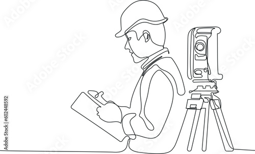 Close up of Caucasian worker with helmet on head using tablet for work while standing in warehouse. Surveyor with a tripod icon. Geodesic tripod. Vector illustration