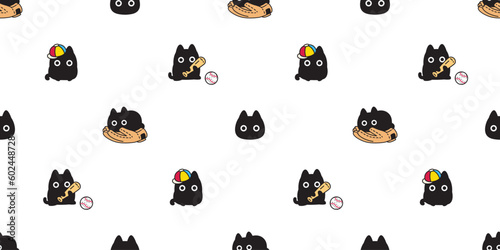 cat seamless pattern calico black kitten baseball bat ball neko doodle vector sport pet cartoon gift wrapping paper tile background repeat wallpaper scarf isolated illustration design