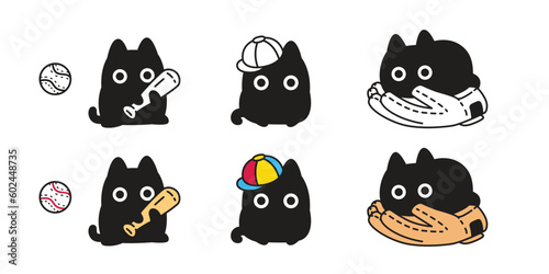 cat vector black kitten icon baseball bat ball cap neko calico pet character cartoon symbol tattoo stamp scarf illustration design isolated