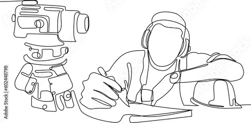 Close up of Caucasian worker with helmet on head using tablet for work while standing in warehouse. Surveyor with a tripod icon. Geodesic tripod. Vector illustration